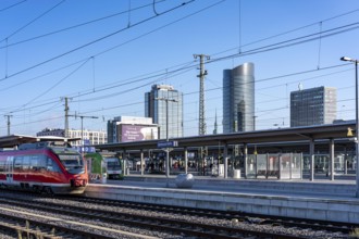 The skyline of downtown Dortmund, seen from the main train station, Regionalbahn, RB43, North