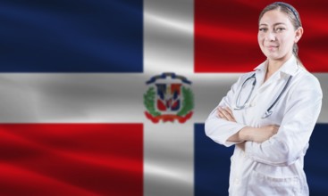Female doctor on Dominican Republic flag. Doctor with crossed arms on Dominican Republic flag.