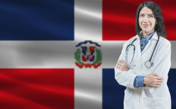 Dominican medicine and healthcare concept. Doctor close up against Dominican Republic flag