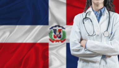 Medical professional on Dominican Republic flag. Healthcare and wellness in Dominican Republic,