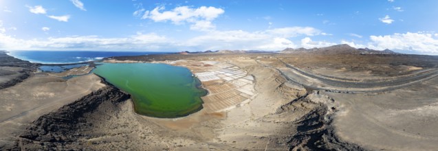 Salt mining plant, Salinas de Janubio and green lagoon Laguna de Janubio, near Yaiza, aerial view,