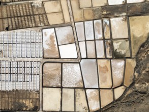 Salt mining plant, Salinas de Janubio, top-down, near Yaiza, drone shot, Lanzarote, Canary Islands,