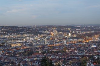 Evening view from Haigst of the glowing city center of Stuttgart Germany
