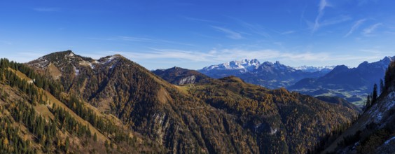 View from Trattberg Alm to Alpbichlalm and Dachstein Massif, Autumn, Osterhorn Group,