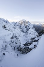 View of snowy Waxenstein, view from LÃ¤ngenfelderkopf in winter, Wetterstein Mountains,
