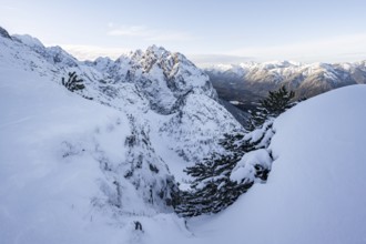 View of snowy Waxenstein, view from LÃ¤ngenfelderkopf in winter, Wetterstein Mountains,