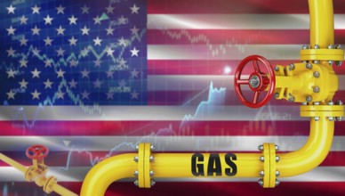 Gas pipeline with USA flag in the background. Gas production with american flag on market chart