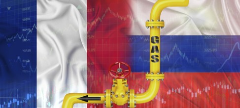 Gas pipeline with Russian and French flag. Production and export of Russian gas to France