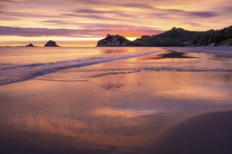 Landscape with sea and sandy beach in New Zealand. Hahei Beach with Te Pare Point in the morning at