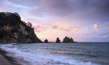 Landscape with sea, rocks and sandy beach in New Zealand in the evening at sunset. Otama Beach,