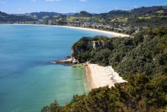 Landscape with sea and sandy beach in New Zealand. View of Lonely Bay and Cooks Beach from