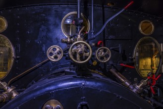 Levers and actuators in the tank car of a historic steam locomotive, Eisenbahnmuseum, Augsburg