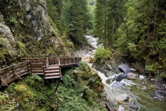 Wooden walkway on the Diosaz mountain river in the gorge, Gorges de la Diosaz, Les Houches,