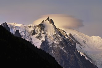 Aiguille du Midi with cloud above the summit, Mont-Blanc, Chamonix-Mont-Blanc, Haute-Savoie, France