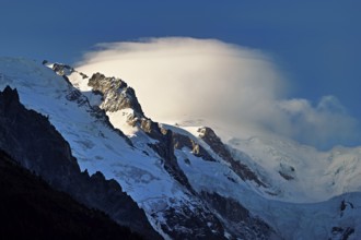 Glaciers in the evening light, in the Mont-Blanc clouds, Chamonix-Mont-Blanc, Haute-Savoie, France