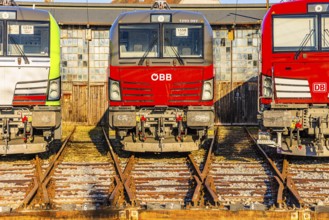 Modern locomotives of the Austrian Federal Railways, Ã–BB, and Deutsche Bahn, DB, parked in front