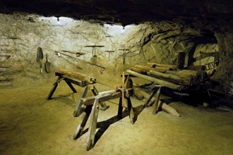 Old tools for salt production on display, salt mine, Bex, Canton of Vaud, Switzerland