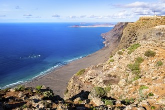 Castillejo viewpoint, view from the Risco de Famara cliff to the coast and the sea, Lanzarote,