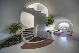 Staircase and sitting area, interior at the Mirador del RÃ­o viewpoint, designed by artist César