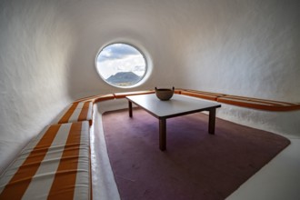 Sitting area with a view of the VolcÃ¡n de la Corona volcano, interior at the Mirador del RÃ­o
