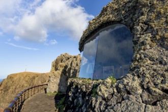 Panoramic window at the Mirador del RÃ­o viewpoint, designed by artist César Manrique, Lanzarote,