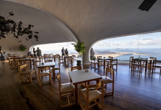 Cafe with panoramic window, interior at the Mirador del RÃ­o viewpoint, designed by artist César