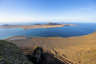 View of La Graciosa island with volcanic craters in the evening light, Mirador del RÃ­o viewpoint