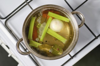 A silver pot sits on a stove filled with bubbling water, celery stalks, and seasonings. Ingredients