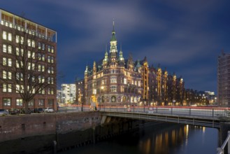 Speicherstadtrathaus am St. Annenfleet in the Speicherstadt Hamburg during blue hour with traces of