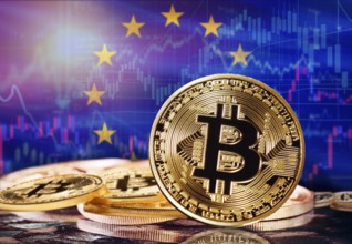 Bitcoin with European Union flag in the background. Investors in cryptocurrency and Blockchain
