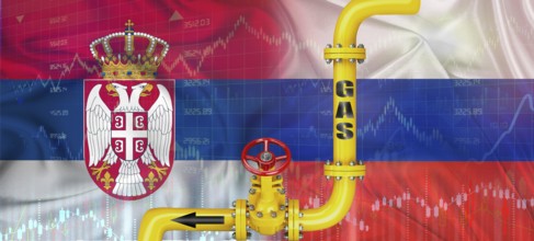 Gas pipeline with Russian and Serbian flag. Production and export of Russian gas to Serbia