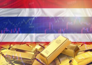Gold bars on Thailand flag in background. Gold bars stacked on Thai flag. Concept of Thailand gold