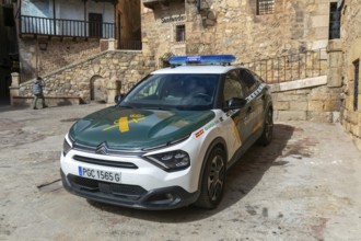 Guardia Civil, Civil Guard, CitroÃ«n C4 car medieval village of AlbarracÃ­n, Teruel province,