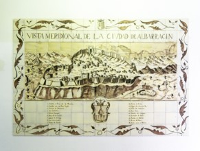 Historic ceramic tiles view of medieval fortified walled town, AlbarracÃ­n, Teruel province,