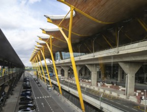 Modern architecture exterior of terminal 4 building, Adolfo SuÃ¡rez Madridâ€“Barajas airport,