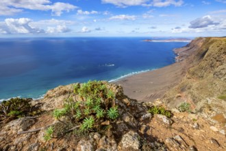 View from the Castillejo viewpoint from the Risco de Famara cliffs to the coast and the sea with