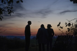 Three people as a silhötte in the evening backlight, Mecklenburg-Western Pomerania, Germany
