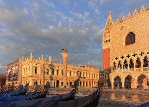 Gondolas in front of Piazzetta San Marco, sunrise, Venice, Italy