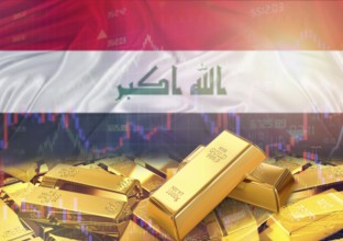 Gold bars on Iraq flag in background. Gold bars stacked on Iraqi flag. Concept of Iraq gold