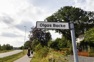Funny street name, road sign with the inscription Olgas Backe, Kungsbacka, Hallands lÃ¤n, Sweden