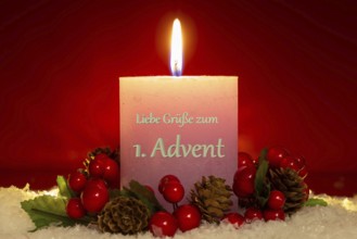 Greetings for the 1st Advent: Candle with the inscription GREETINGS FOR THE 1ST ADVENT (digitally