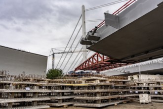Storage space for building materials at the A40 Neuenkamp bridge, in Duisburg-Homberg, pillars and