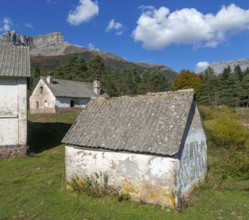 Farm buildings for livestock, Selva de Oza, Valle de Hecho, Pyrenees Mountains, Huesca province,
