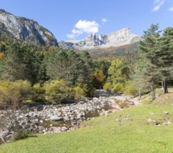 Mountain landscape view river at Selva de Oza, Valle de Hecho, Pyrenees Mountains, Huesca province,
