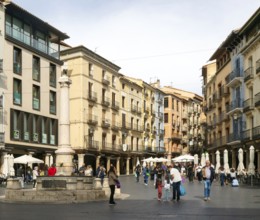 Historic buildings fountain monument, Plaza del Torico square, city centre of Teruel, Aragon, Spain