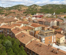Rooftops of apartment block buildings in lower housing area to east of city centre of Teruel,