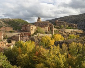 Historic buildings on hillside medieval village of Albarracin, Teruel province, Aragon, Spain