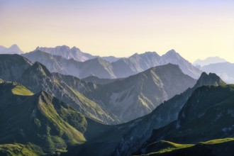 View from Mount Gantrisch, sunset over the Bernese and Fribourg Pre-Alps, Canton of Bern,