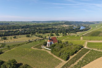 Pilgrimage church Maria im Weingarten, between vineyards, with river and green landscape in the