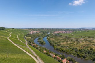 Mainschleife in summer, charburner near Volkach, behind Escherndorf, Nordheim and Vogelsburg,